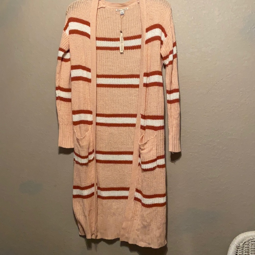 Long red white and peach sweater
